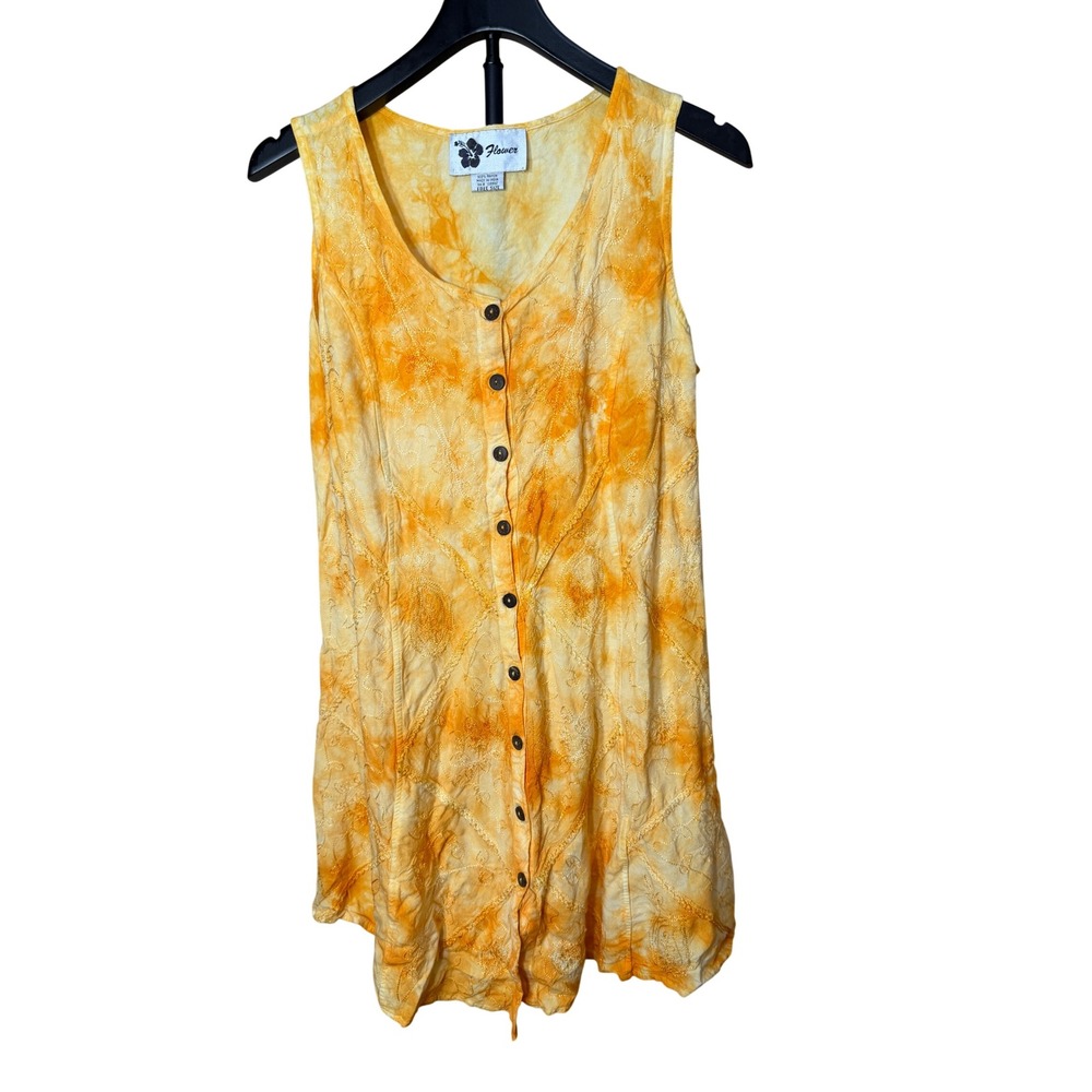 Flower Orange Yellow Tie Dye Embroidered Button Front Sleeveless Dress M